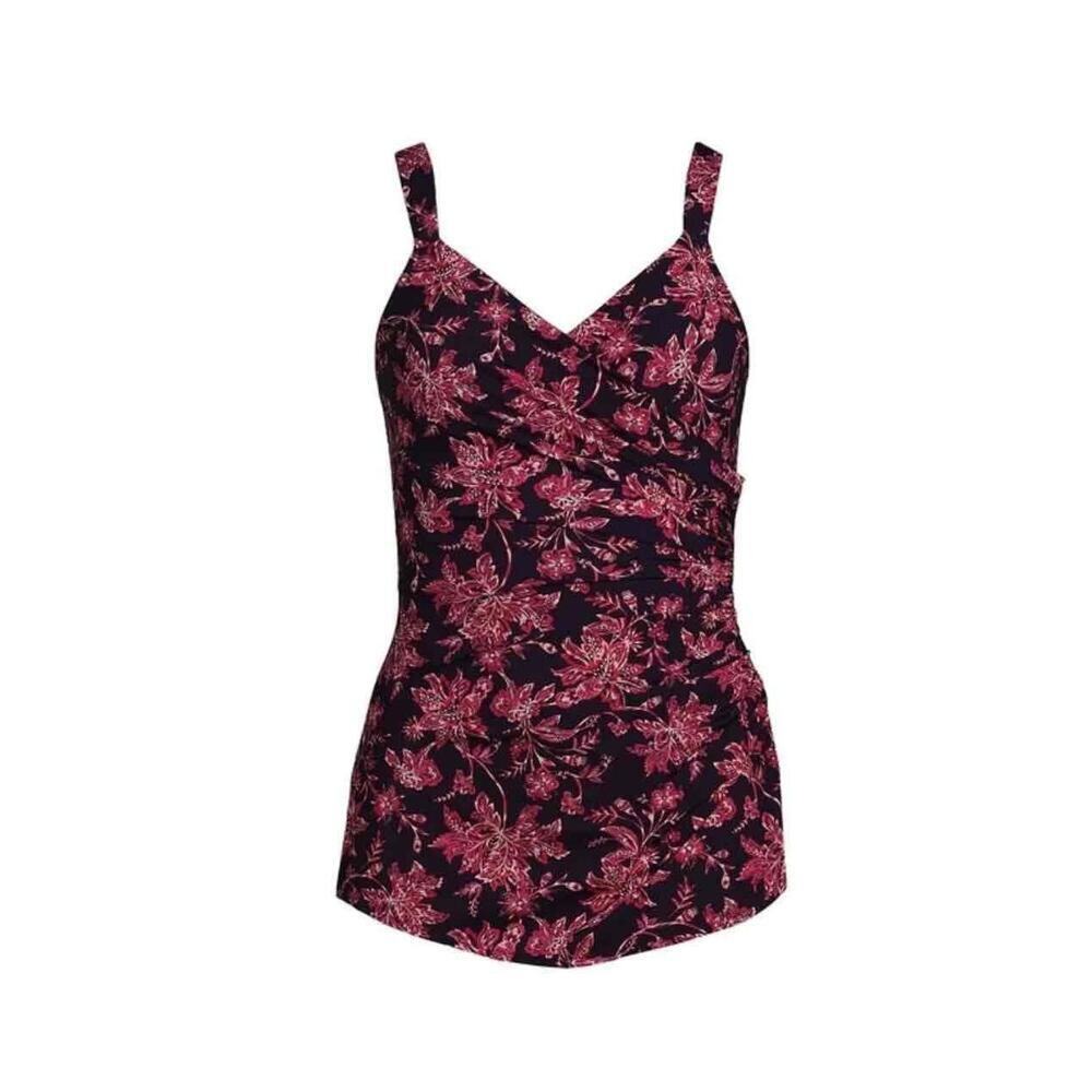 Lands End Red Floral Print Ruched V Neck‎ Adjustable Straps Tankini Top Swimwear